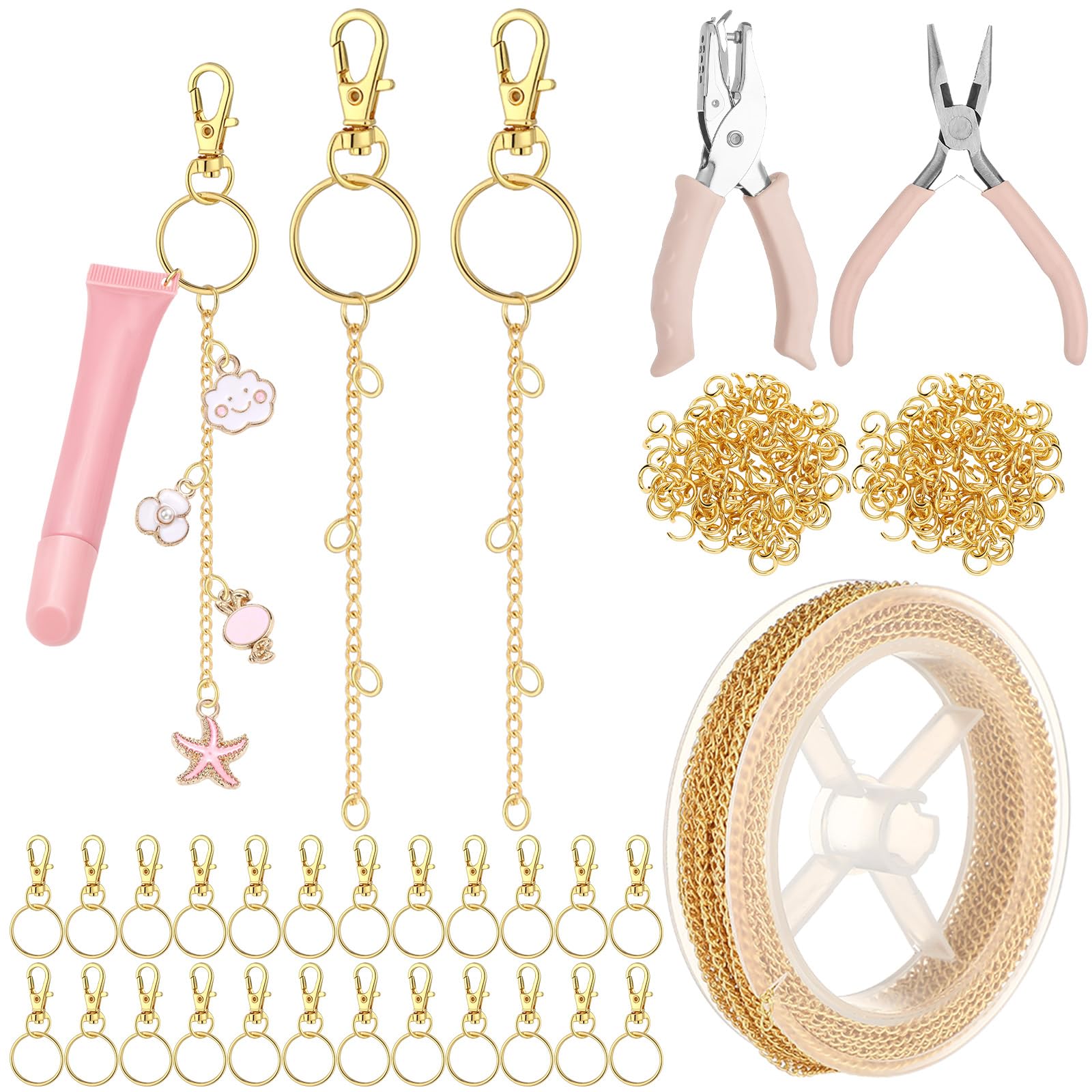 Photo 1 of VioraWhite 227 Pcs Lip Gloss Keychain Making Kit Bulk 24 Keychain Clips with Lobster Claw Clasps 200 Jump Ring Chain Plier Hole Puncher for DIY Lip Gloss Crafts Supplies(Gold)