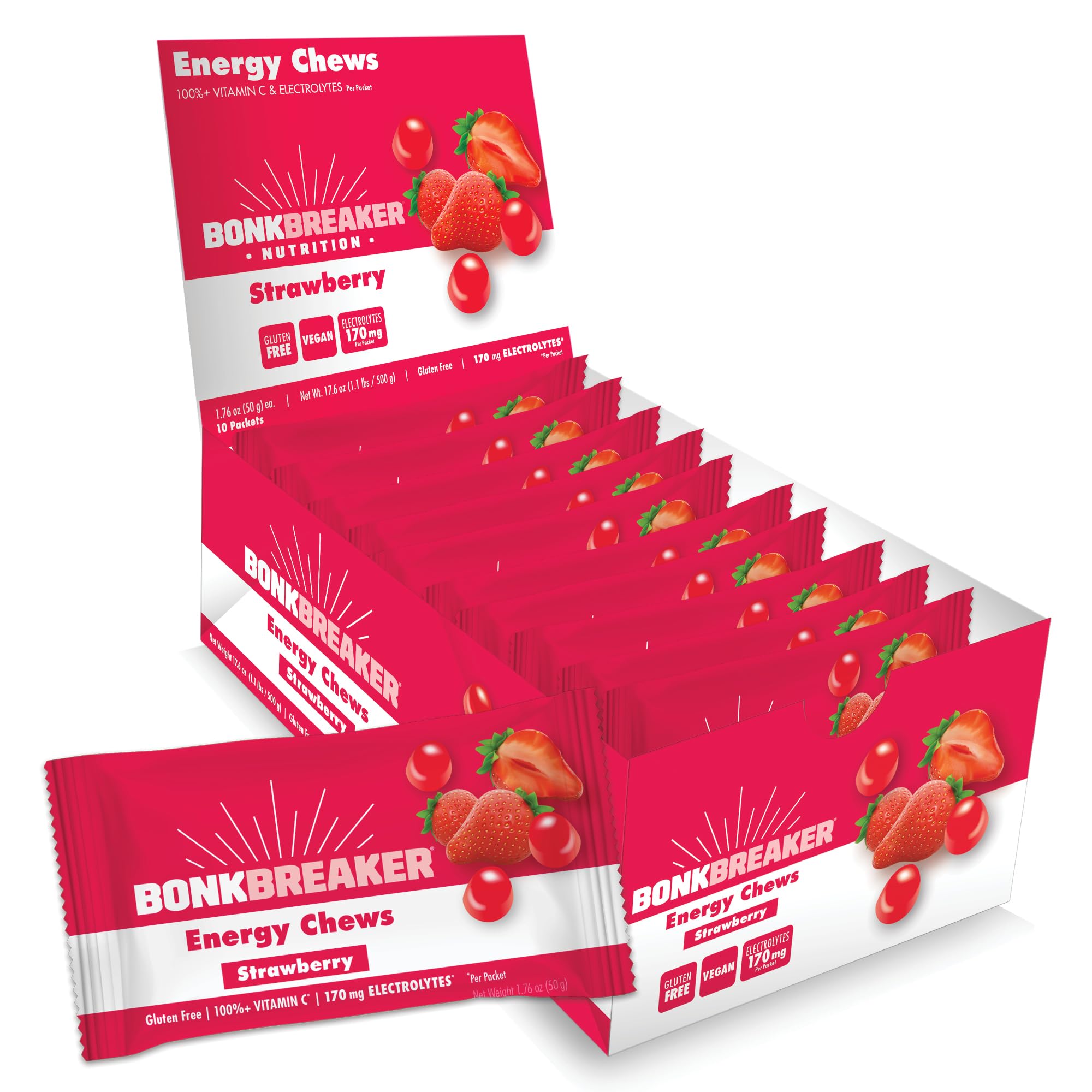 Bonk Breaker Energy Chews, Dairy-Free, Gluten-Free Ingredients to Provide Quick Energy and Focus, 1 Box of 10 Packets, Strawberry