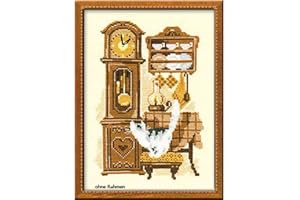 RIOLIS - Cat with Clock 858, Cat Lovers Cross Stitch Kits 7,09" x 9,45", Cross Stitch Kits for Beginners & Advanced, Crossstitching Kit Adult, Animals Embroidery Kit