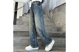 Girl's Loose Casual Wide Leg Jeans Elastic Waist Denim Pants Kids Clothes, 5-14 Years