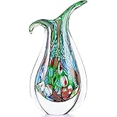 GrivSheen Hand Blown Glass Vase for Centerpiece, Murano Style Table Decoration, Green Blown Art Glass Ellipse Flower Vase, Single Stem Beautiful Decor for Home, Beachy Room Decor for Home Shelf