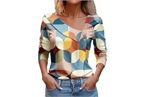 Attine Spring Going Out Tops for Women 2024 Cute Print T Shirts Long Sleeve V Neck Blouse Asymmetric Lapel Button Tees Shirts