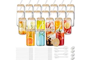Smoothie Cups-Cafultgo 24 Pack Glass Tumbler with Straw and Lid 16OZ Glass Cup Iced Coffee Cups Drinking Cup Set with Wooden 