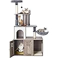 Snughome Cat Tree with Litter Box Enclosure Furniture, 2-in-1 Modern Cat Tower, 58.66’’ Wood Cat Condo with Scratching Post and Hammock, Indoor Pet Furniture with Large Platform, Grey