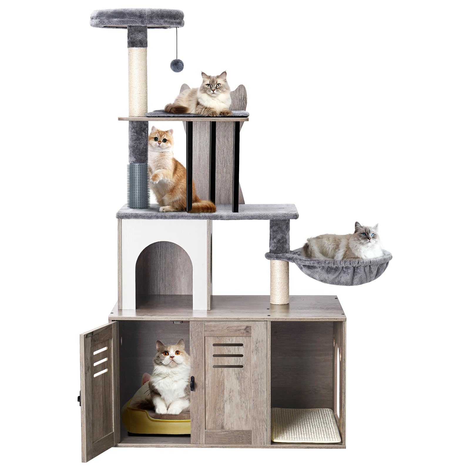 Photo 1 of Snughome Cat Tree with Litter Box Enclosure Furniture, 2-in-1 Modern Cat Tower, 58.66’’ Wood Cat Condo with Scratching Post and Hammock, Indoor Pet Furniture with Large Platform, Grey