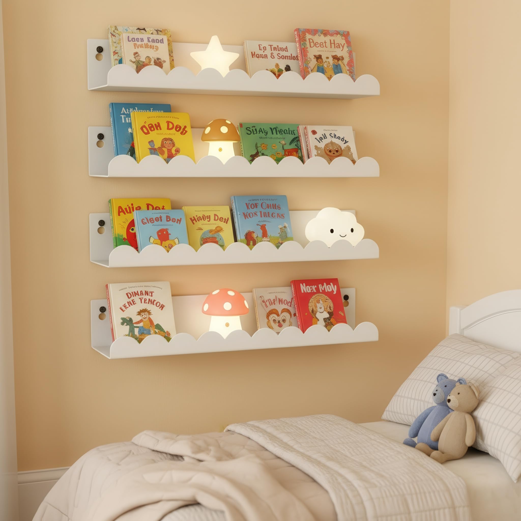 FESTLOVE Nursery Book Shelves Set of 6, White Metal Floating Shelves for Wall, 16 Inch Scalloped Book Shelf for Kids Room, Bathroom, Bedroom, Playroom Wall Decor & Storage