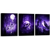RyounoArt Gothic Wall Art Purple Skull Raven and Butterfly Canvas Print Pictures for Home Halloween Decor (Small)