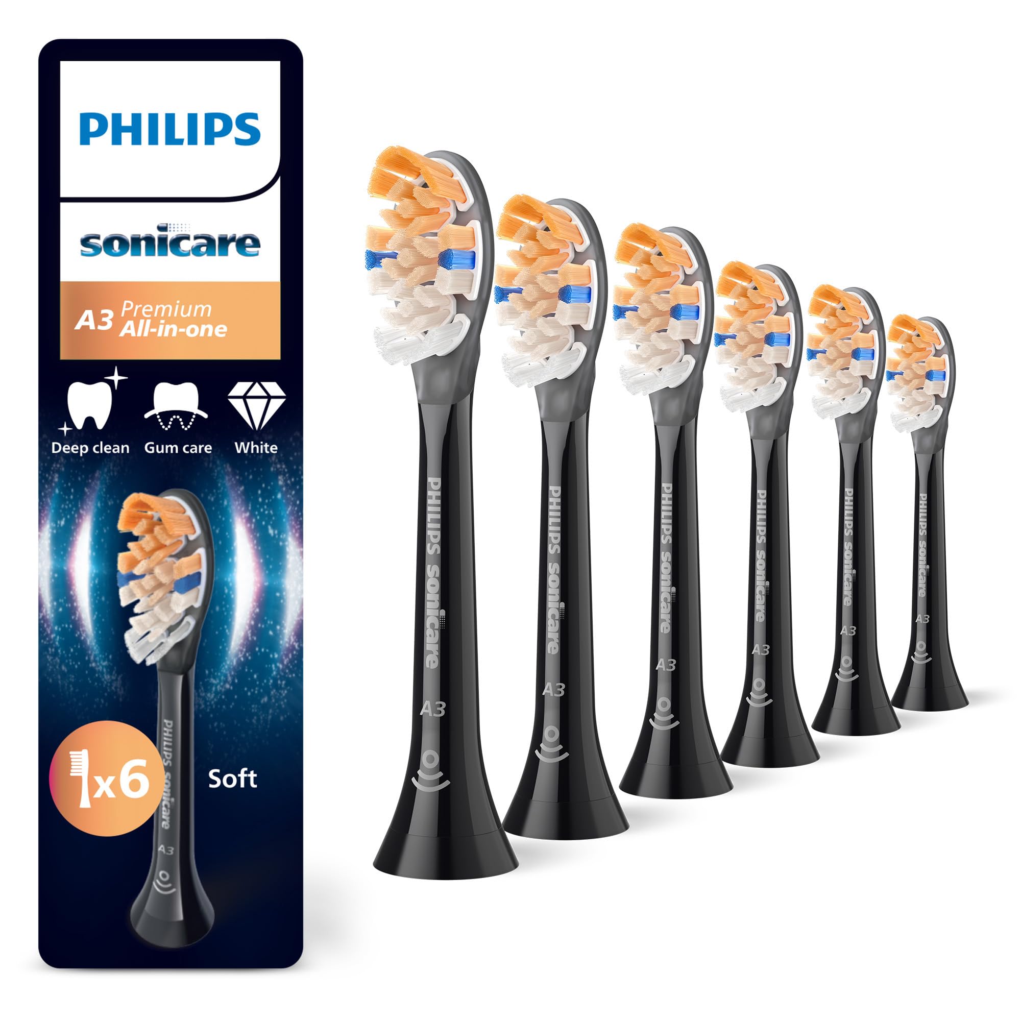 Philips Sonicare A3 Premium All-in-One - têtes de brosse à dents de rechange d'origine, noir, lot de 6, HX9096/88