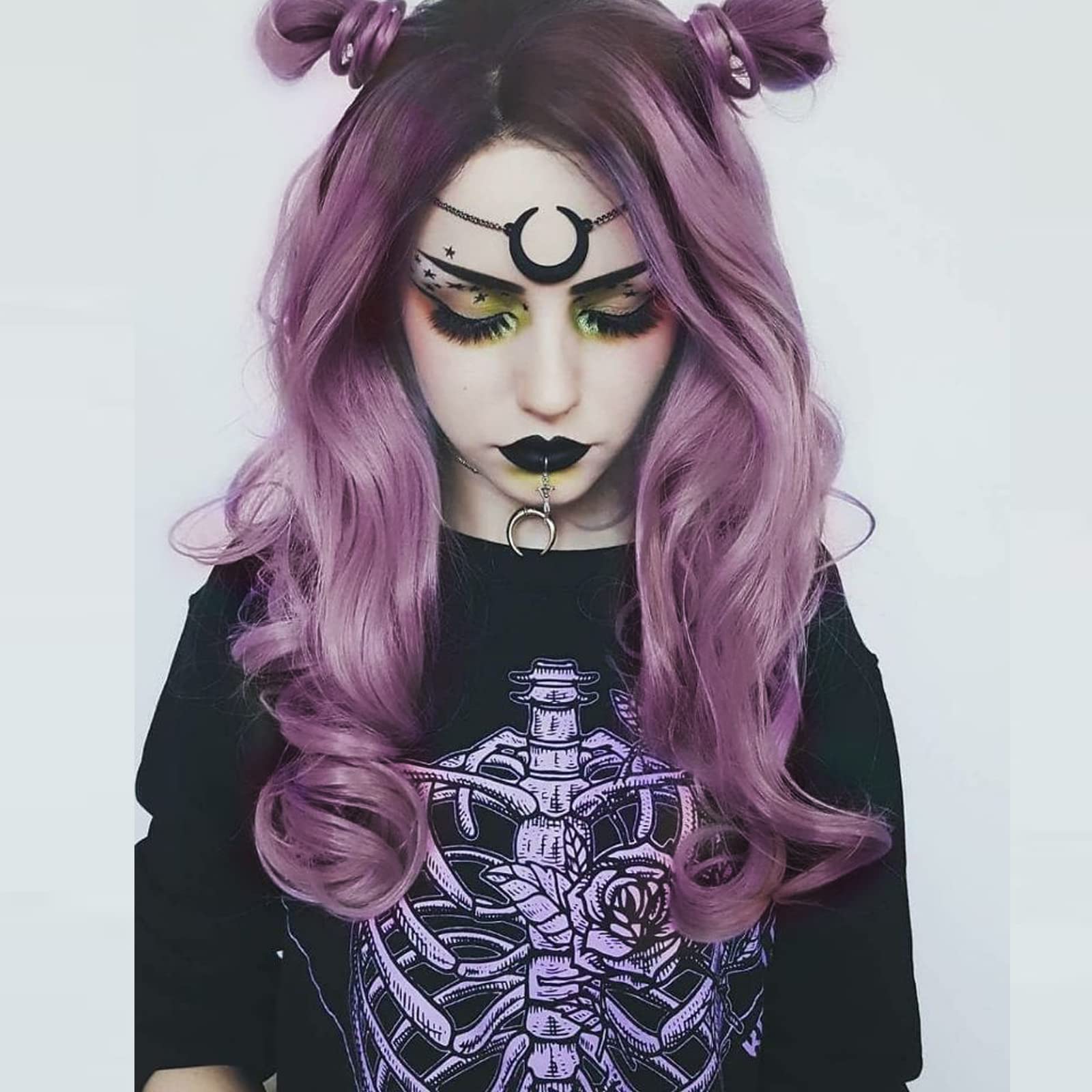 Ombre Purple Lace Front Wigs for Women Long Wavy Purple Synthetic Wig Heat Resistant Fiber Side Part Hair Lace Wig with Dark Roots Cosplay Party Anime Gift Costume Halloween 24 Inches