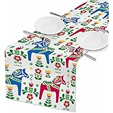 HOSNYE Table Runner Swedish Folk Art Horse and Flower,Cotton Linen Table Runner Decoration for Kitchen Family Dinner Table Holiday Party Farmhouse Style 13 x 72 Inch