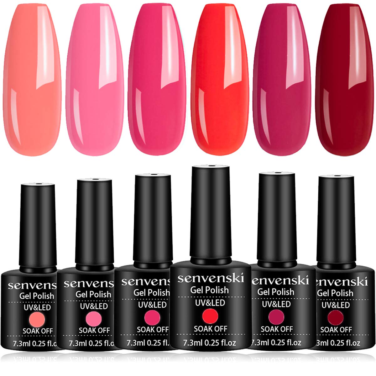 Senvenski Pink Rose Gel Nail Polish Kit - UV/LED Soak Off Nail Art Set with Light Pink Peach Red Cherry Rose Colours | Manicure Gift Kit for Women, Professional Salon Home Use(CS6-013)