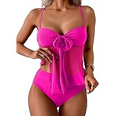 B2prity Tankini Swimsuits for Women, Tummy Control Flowy Mesh Tops, High Waisted Bottoms, Coquette 2 Piece Bathing Suits