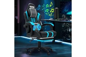 HOFFREE Gaming Chair with Speakers Massage Big and Tall Gaming Chairs with Footrest and Bluetooth for Adults 400lbs Reclining High Back Computer Desk Chair Blue and Black