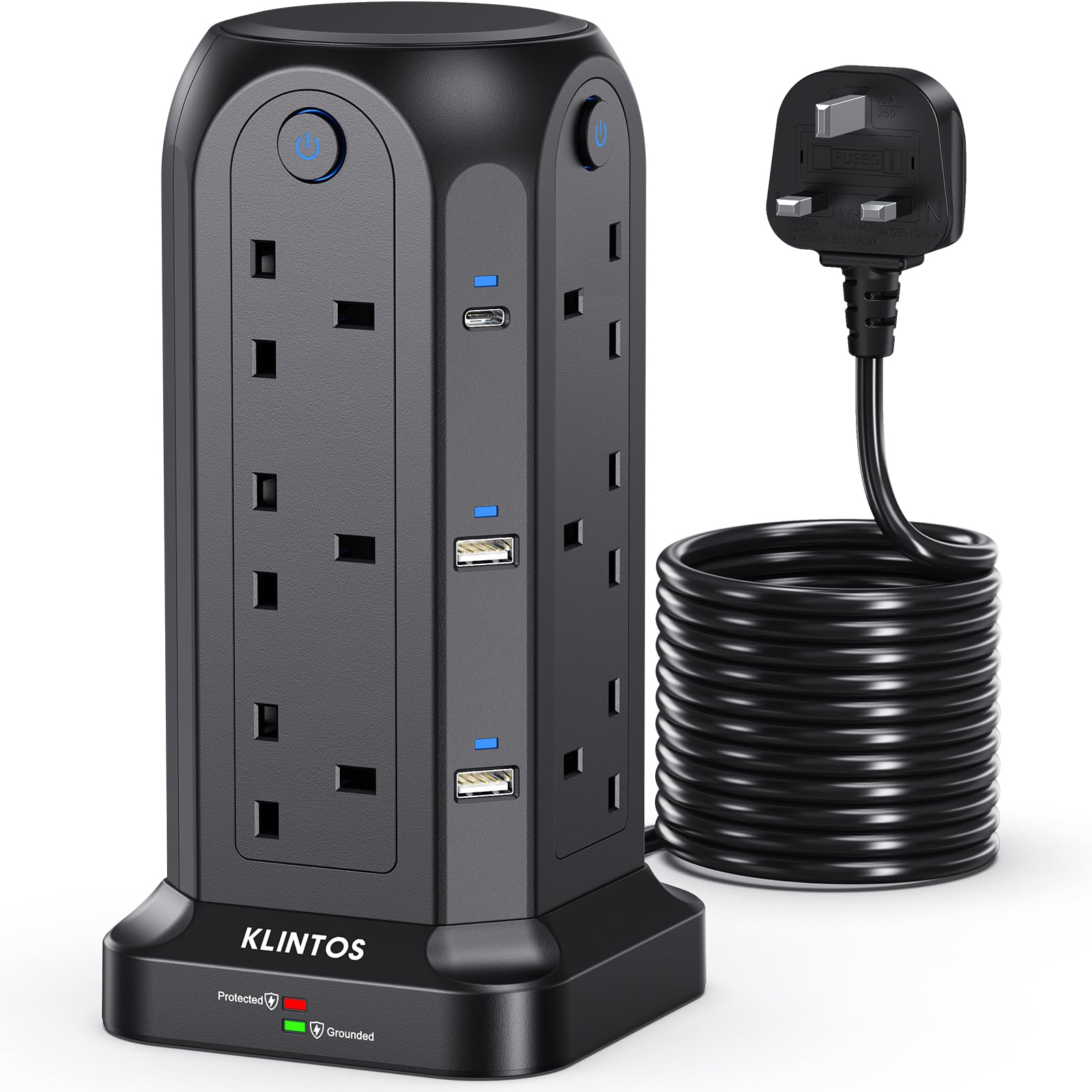 Tower Extension Lead 5M, 12 Way Surge Protection With 4 Individual Switches, 6 USB Slots (2 Type C & 4 USB A), Black Tower for Home, Office