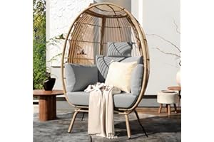 YITAHOME Egg Chair Wicker Outdoor Indoor, Oversized Lounger with 370lbs Capacity Large Egg Chairs with Stand Cushion Egg Basket Chair for Patio, Balcony, Bedroom - Grey