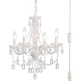 Plug in Crystal Ceramic White Chandelier, Glass Chandeliers,White crystal Hanging Pendant Light with Clear Cord and On/Off, 4 Light Crystal Chandelier for wedding, Kitchen, Dining,Foyer, Mini room