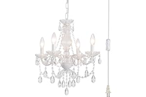 AMZASA Plug in Crystal Ceramic White Chandelier, Glass Chandeliers,White crystal Hanging Pendant Light with Clear Cord and On/Off, 4 Light Crystal Chandelier for wedding, Kitchen, Dining,Foyer, Mini room