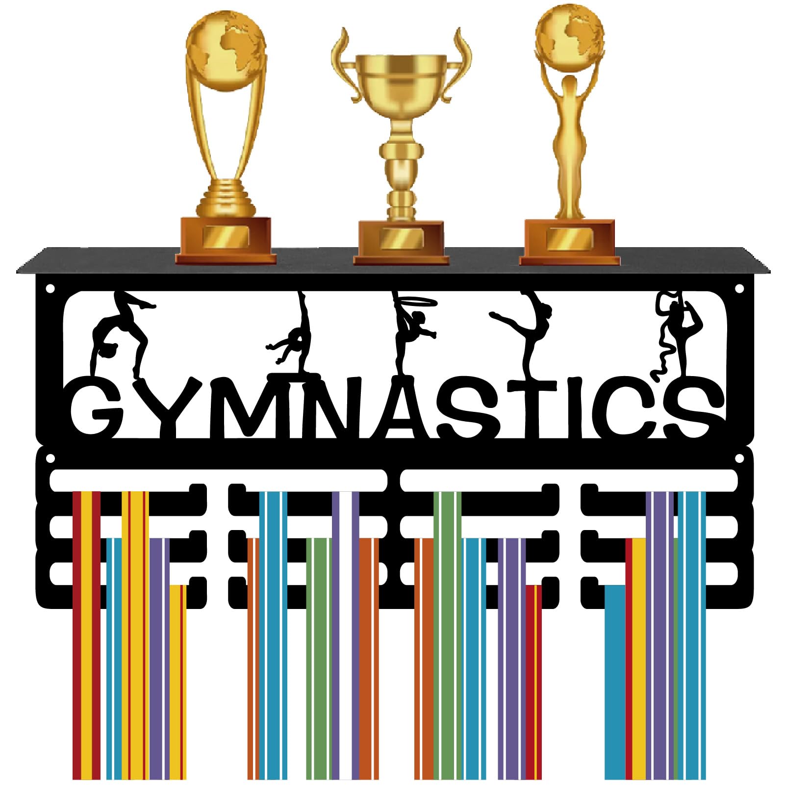 CREATCABIN Gymnastics Medal Holder Trophy Shelf Medal Hanger Display with Shelf Stand Sports 4 Rows Wall Mount Hold 70+ Medals for Women Gymnastics Soccer Running Swimming Awards Rack 15.7 x 7.9 Inch