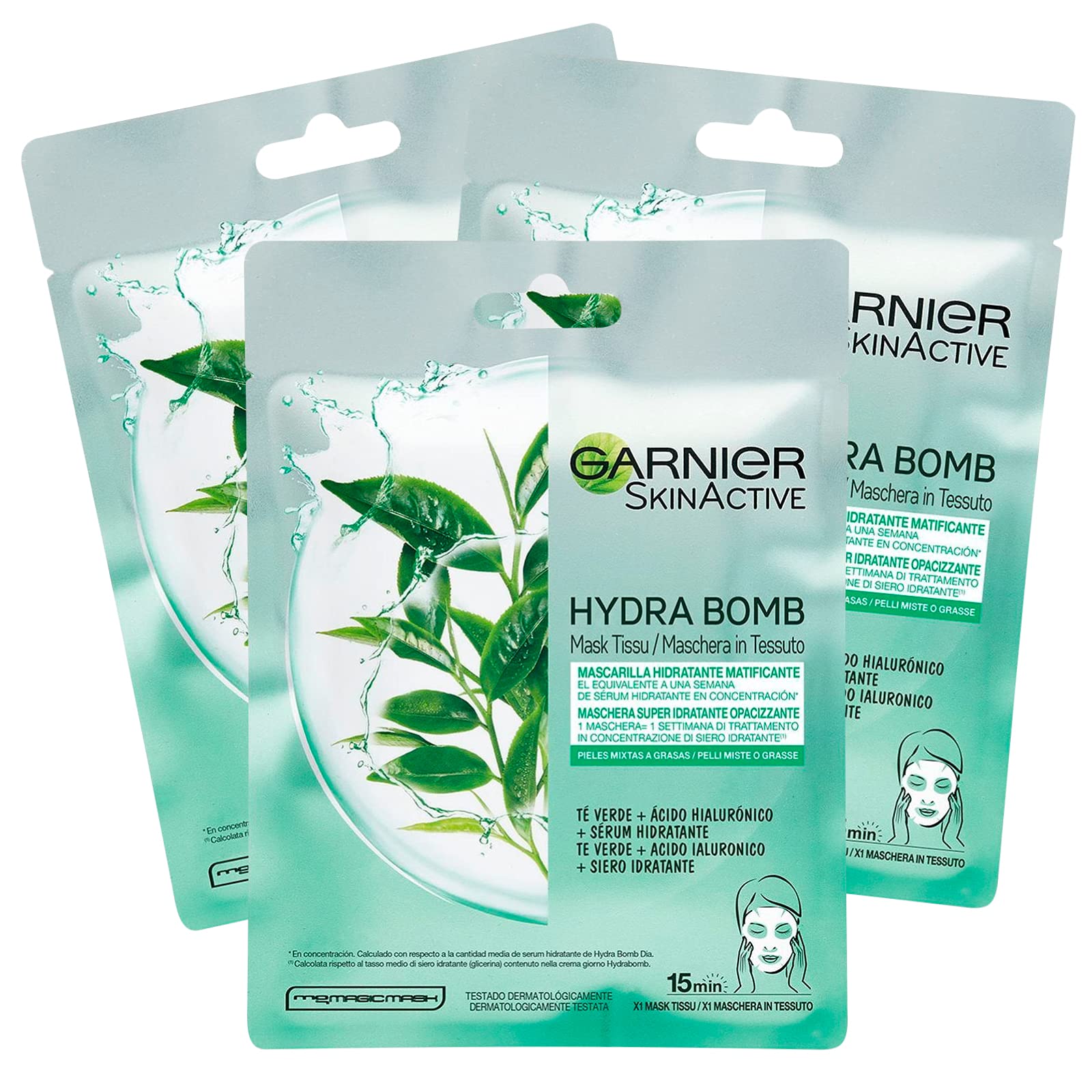 Garnier SkinActive Hydra Bomb Moisturising and Mattifying Fabric Face Mask with Green Tea and Hyaluronic Acid - 3 Mask Set — image 1