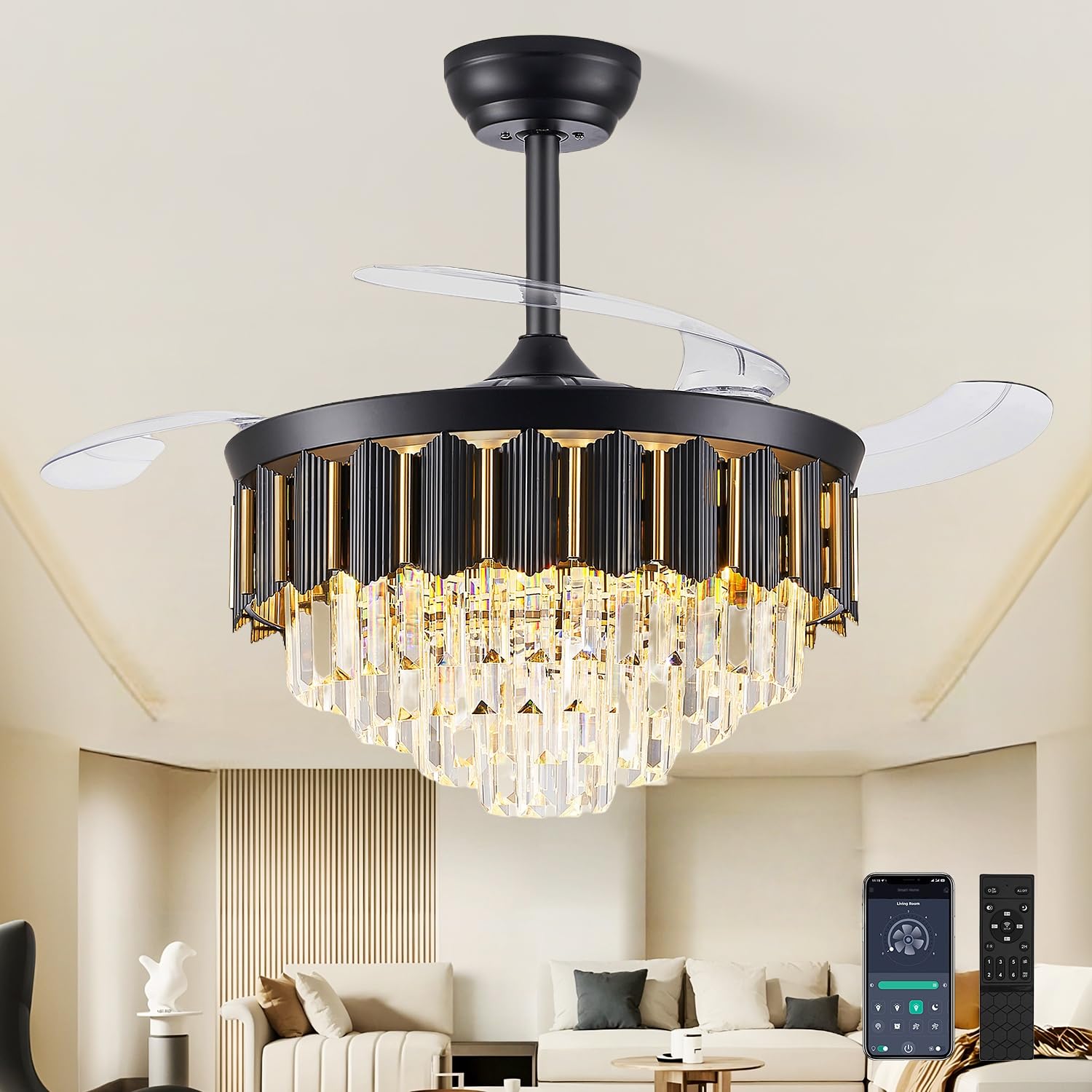 View 1 of 48'' Fandelier Ceiling Fans with Lights, Chandelier Ceiling Fan with Lights Crystal Ceiling Fan 3000-6500K LED Dimmable, 6 Wind Speeds, Chandelier with Fan for Bedroom Living Room-Black