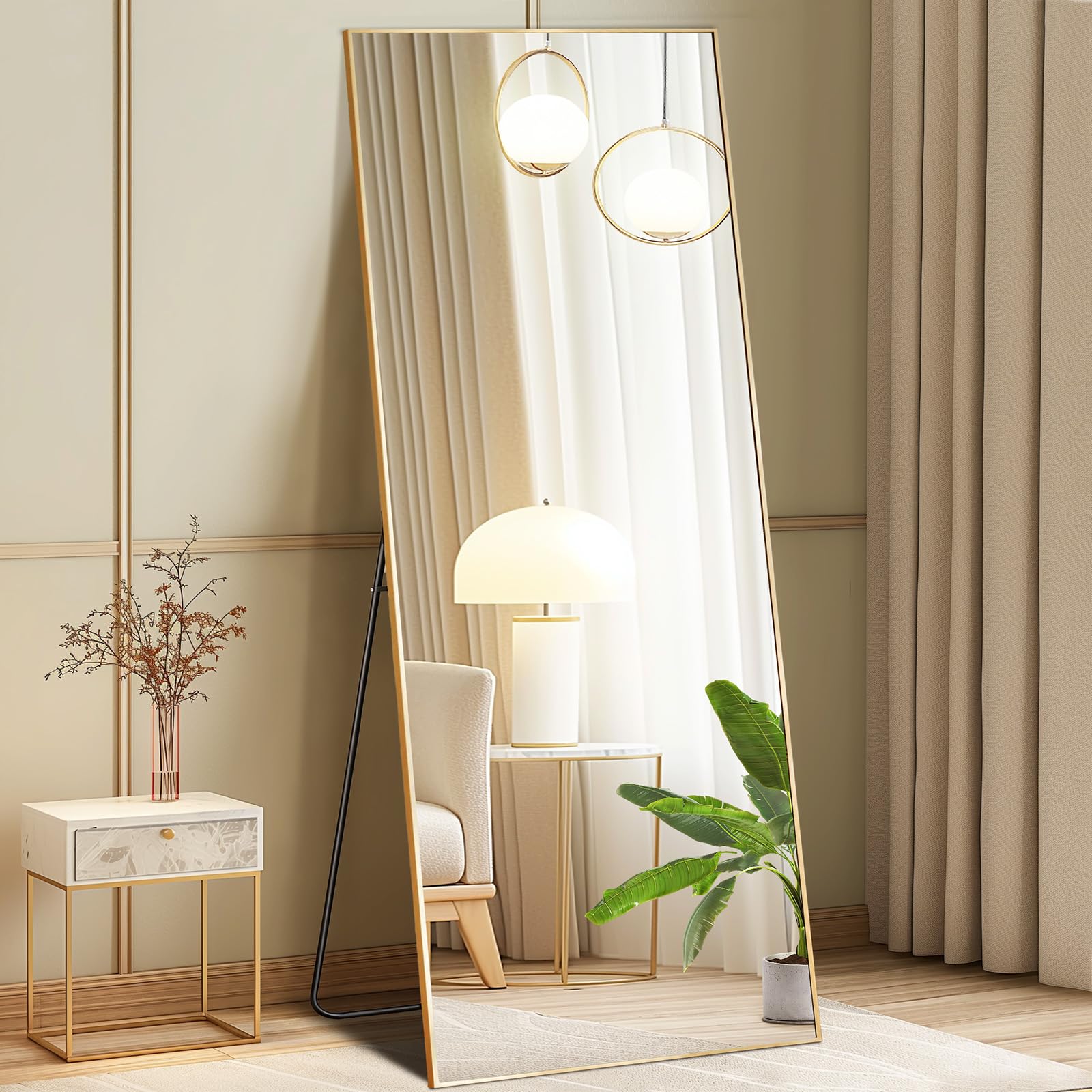 DUMOS Full Length Mirror with Stand, 58"x19" Floor Mirror with Aluminum Alloy Frame for Bedroom, Standing Full Body Mirror with Shatter-proorf Nano Glass for Wall, Living Room, Cloakroom, Gold Image