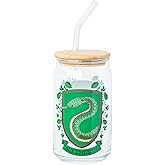 Silver Buffalo Harry Potter Slytherin House Crest Glass Tumbler with Bamboo Lid and Glass Straw, 16 Ounces