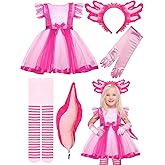 Fourluoo 5 Pcs Pink Axolotl Costume for Girl Pink Tutu Skirt Halloween Cosplay Set for Kid Halloween Dress up Cosplay Party