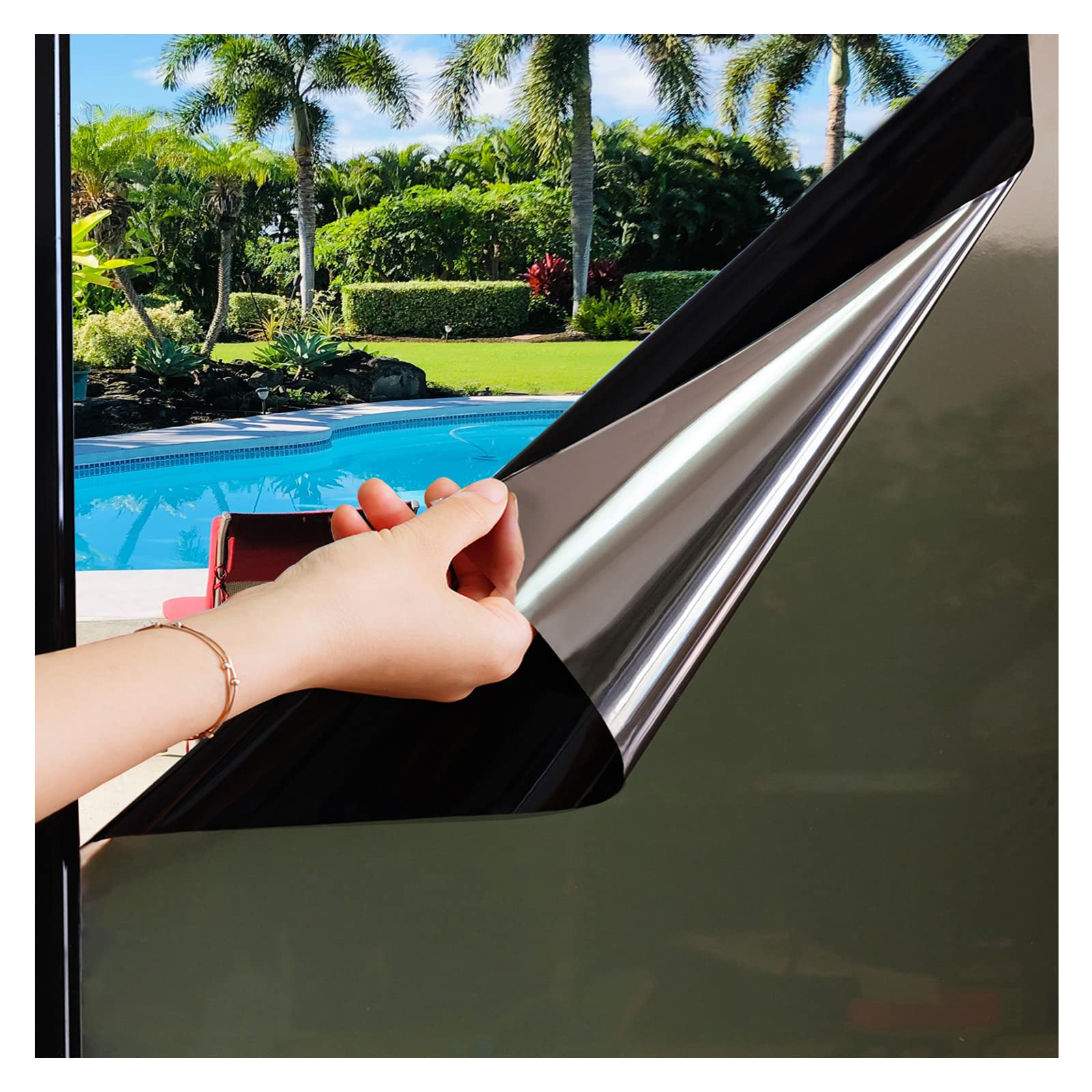 Zindoo One Way Opaque Window Film 90% Privacy Daytime Blackout Window Tint 90x300cm Sun Block Reflective Heat Control Anti Glare Static Cling Mirror Window Film Black Silver