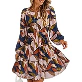 ZESICA Womens Spring Long Sleeve Floral Mini Dress 2026 Summer Boho V Neck A-Line Flowy Dresses Beach Vacation Clothes
