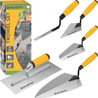 BLOSTM 5 Piece Trowel Set Carbon Steel Soft Grip Handles Masonry Tools