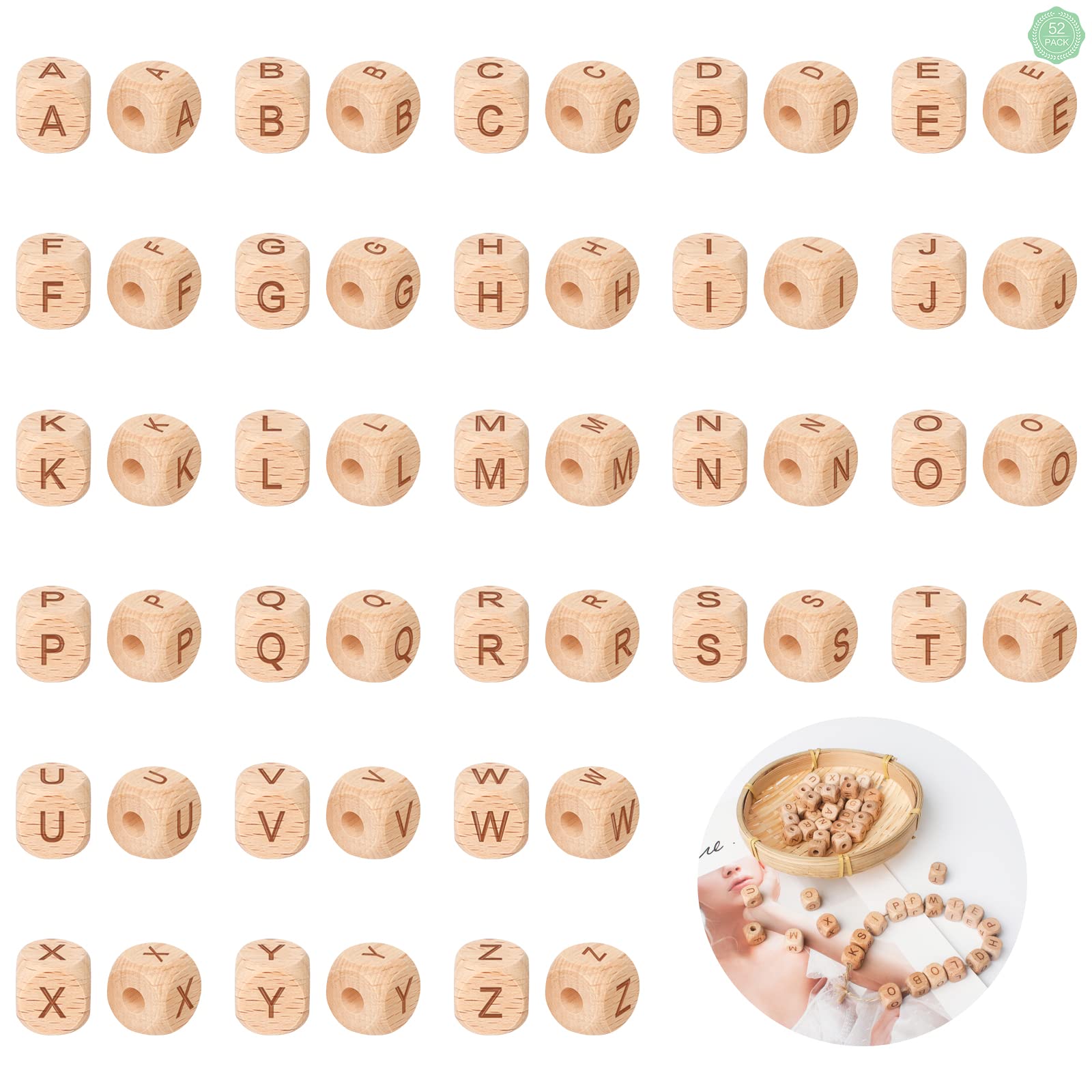 Wooden Letter Beads 52Pcs Alphabet Wooden Beads 12mm Square with Large Hole, Natural Color, for Jewelry Making and DIY Crafts