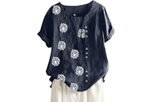 KICILVS Womens Summer Tops Casual Cotton Linen T-Shirts Short Sleeve Round Neck Shirt Oversized Floral Graphic Tees