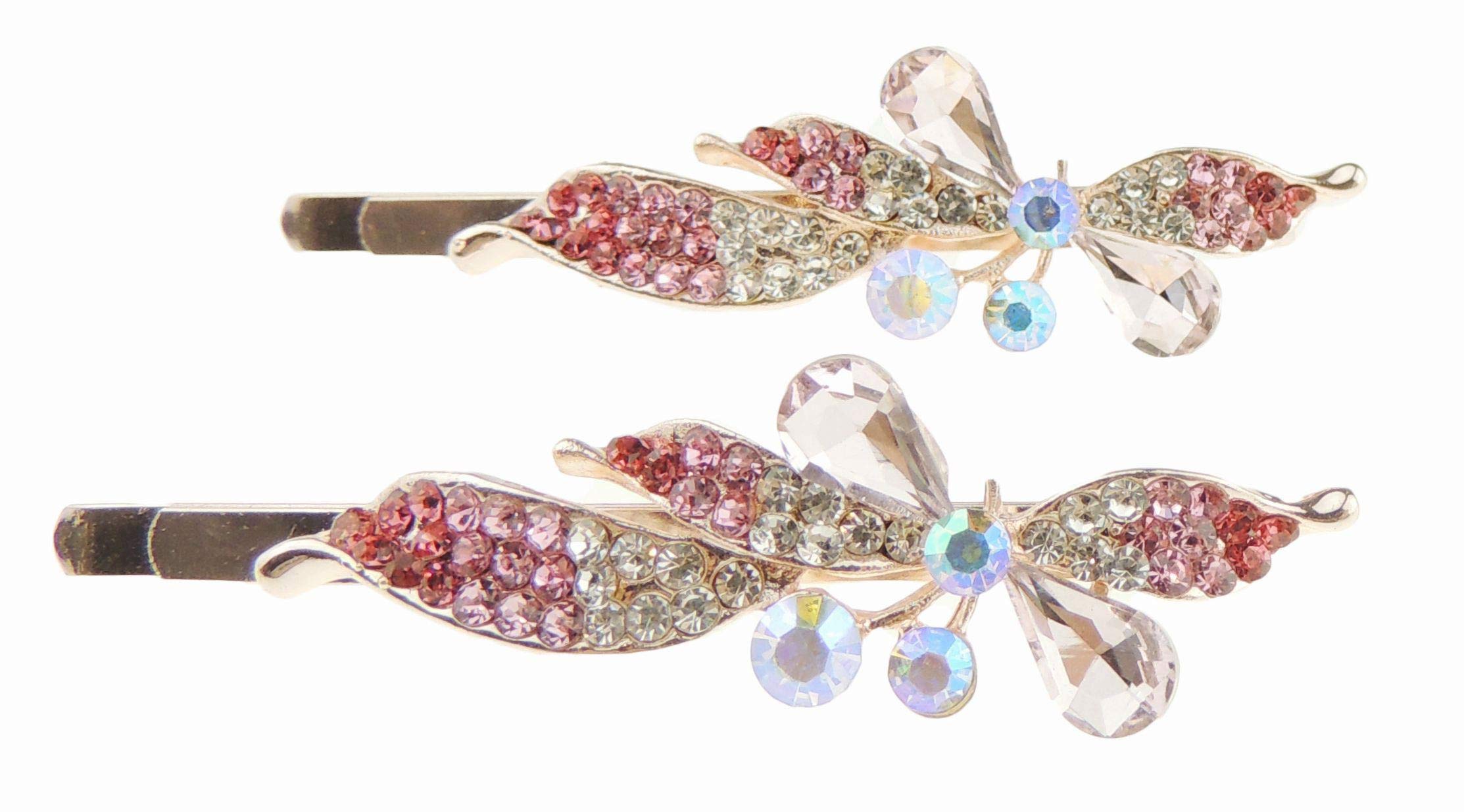 Womens Girls Sparkly Bow Jeweled Crystal Diamante Party Birthday Christmas Bridal Wedding Accessories Slides Hairpin Hair Clips Grips Bobby Pins Swirls Flower Waves Gold Tone Swirls (Pink Clear)