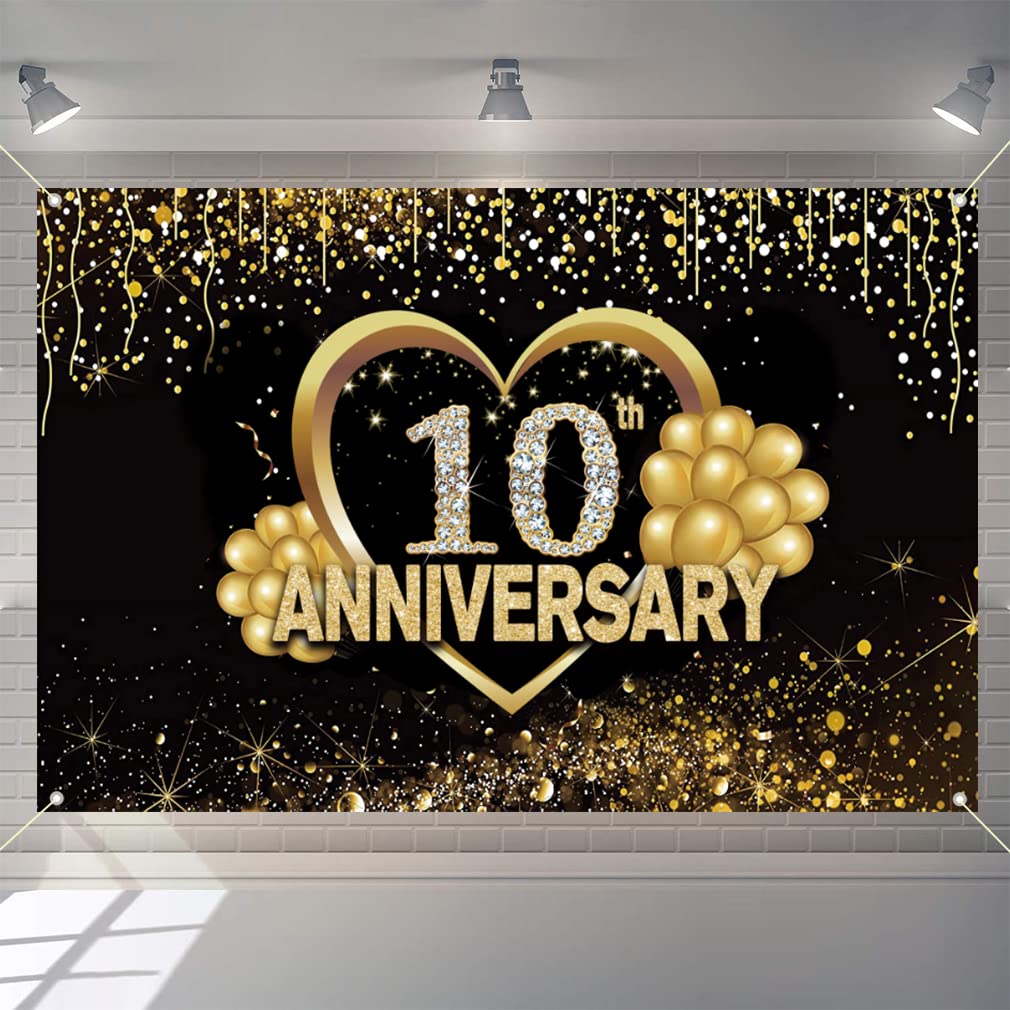 Happy 10th Anniversary Decoration Banner, 10th Wedding Anniversary Party Supplies Fabric Sign Poster, Black and Gold Backdrop Decor Photo Background Welcome Sign, 150 cm x 90 cm