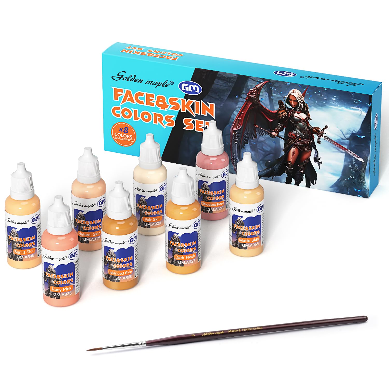 golden maple 8 Realistic Skin Tone Acrylic Paint Set + Premium Kolinsky Sable Brush– Professional Miniature Model, Dolls & Figure Painting, Airbrush Compatible, 20ml (0.67 Fl Oz)