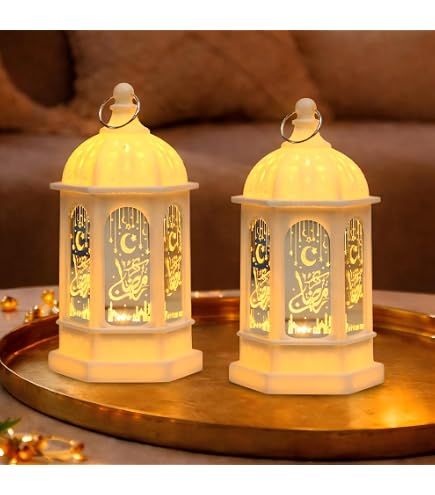 Ramadan Lights – 2-Pack White Lanterns With Islamic Motifs, Warm LED Glow For Eid Decor, Kid-Safe Indoor/Outdoor Hanging Ornaments