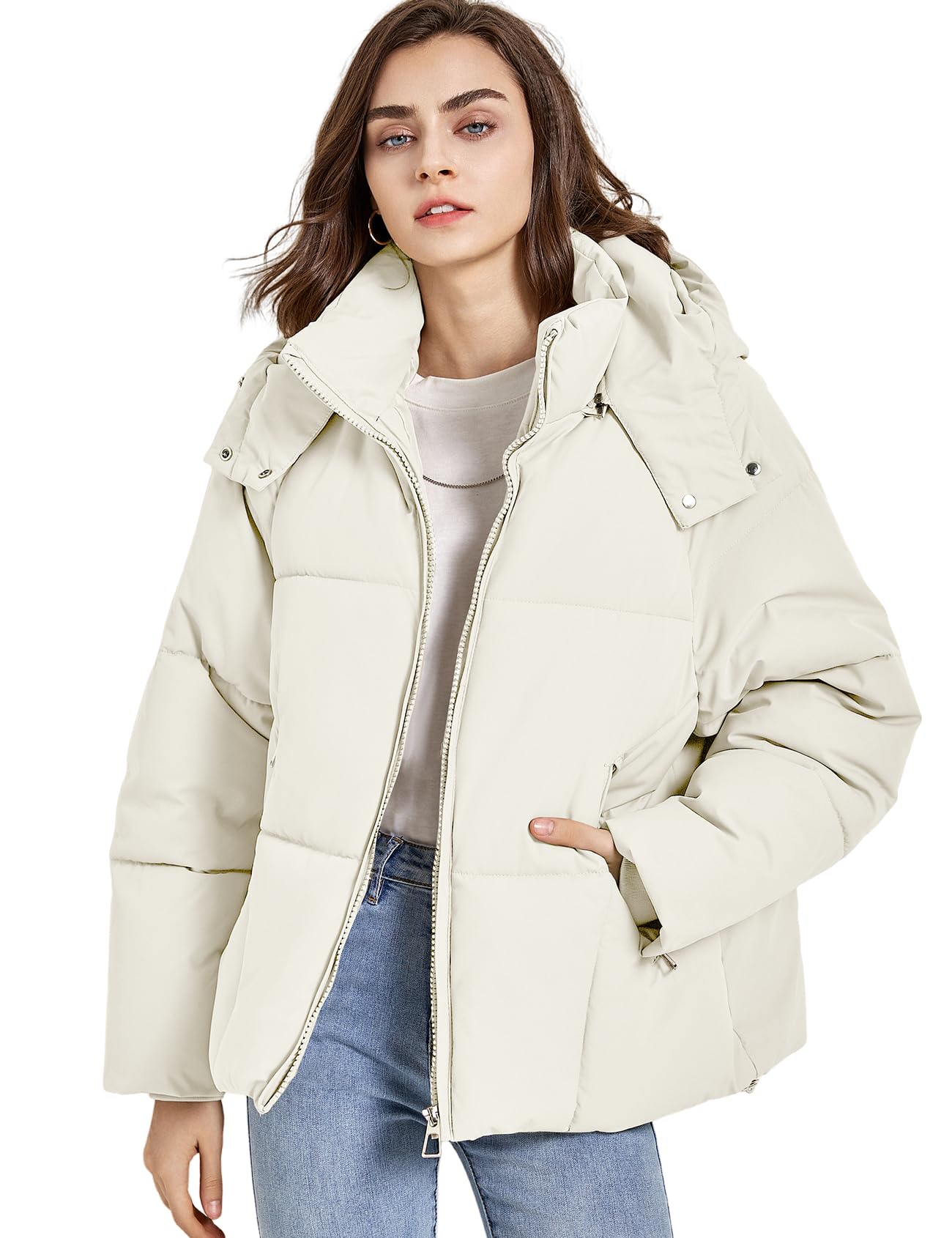 Photo 1 of Gihuo Womens Puffer Jacket Full Zip Quilted Hooded Bubble Coats Padded Jacket Long Sleeve Winter Warm Coat Pocket(White-M)