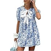 SOLY HUX Women's Floral Mini Dress Bow Tie Front Puff Short Sleeve Babydoll Flowy Summer Vacation Dresses