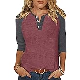 Halife Women's Casual 3/4 Sleeve T Shirts Button V Neck Tunic Blouses Color Block Basic Tee Tops Loose Fit Summer Shirt