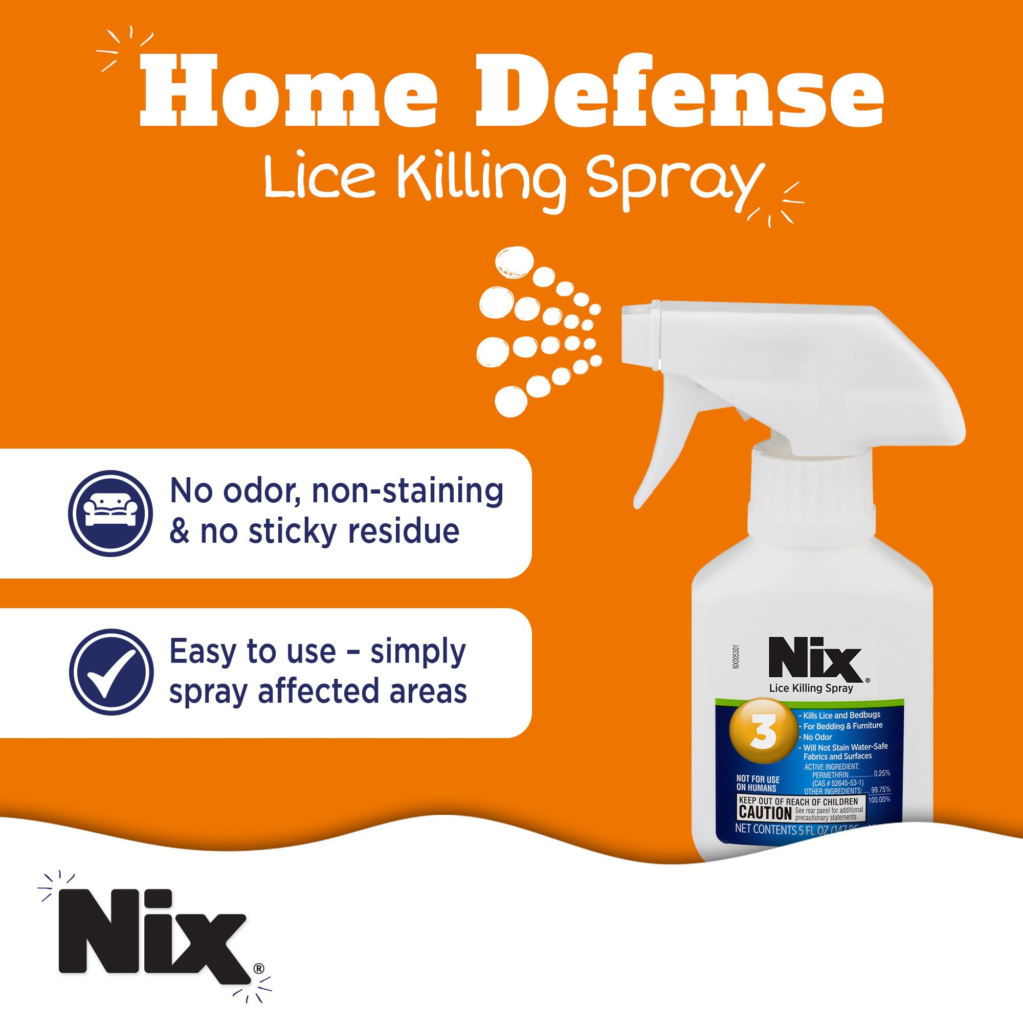 Nix Lice & Bed Bug Spray for Home Use, Kills Lice on Bedding & Furniture, Odor-Free & Non-Staining, 5 Fl Oz