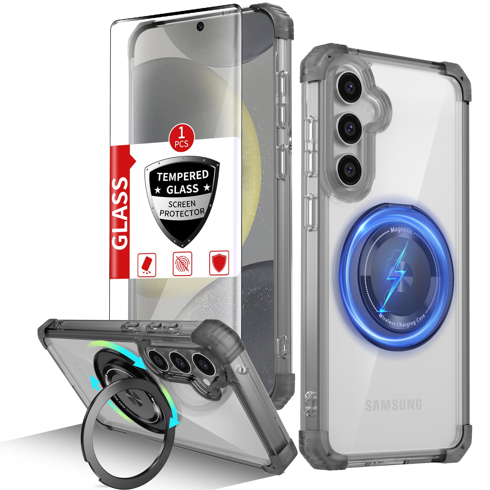 IYTRRYH for Samsung Galaxy S24 Plus Case Compatible Wireless Charging Magnetic,with Screen Protector,for S24+Plus Phone Case with 360°Stand Ring Military Grade Shockproof Heavy Duty Protection Black