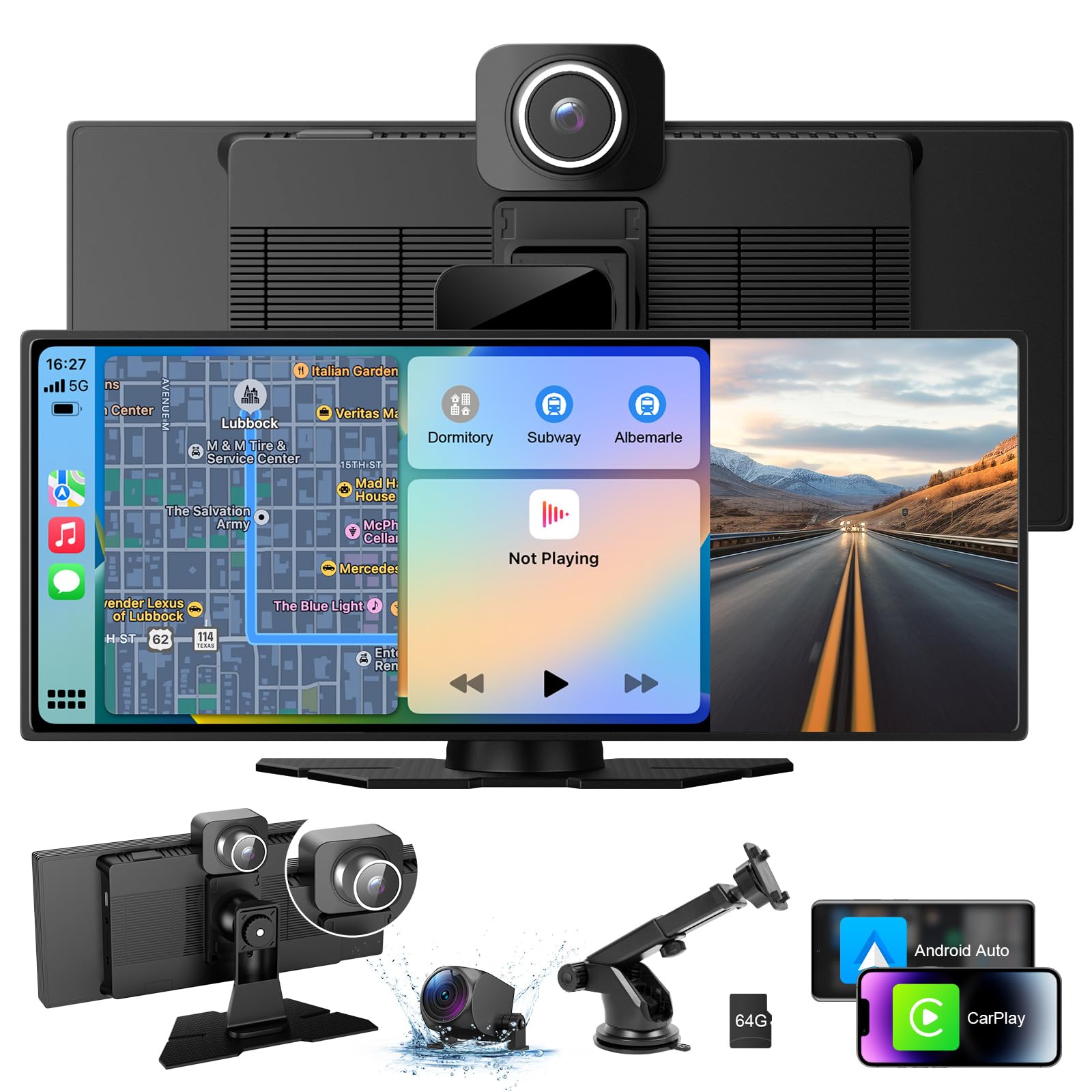 Photo 1 of 10.26" Wireless CarPlay & Android Auto Screen with 4K Dash Cam, GPS Navigation, Bluetooth, Backup Camera, Touchscreen Portable Car Stereo for All Vehicles, Easy Dashboard Mount