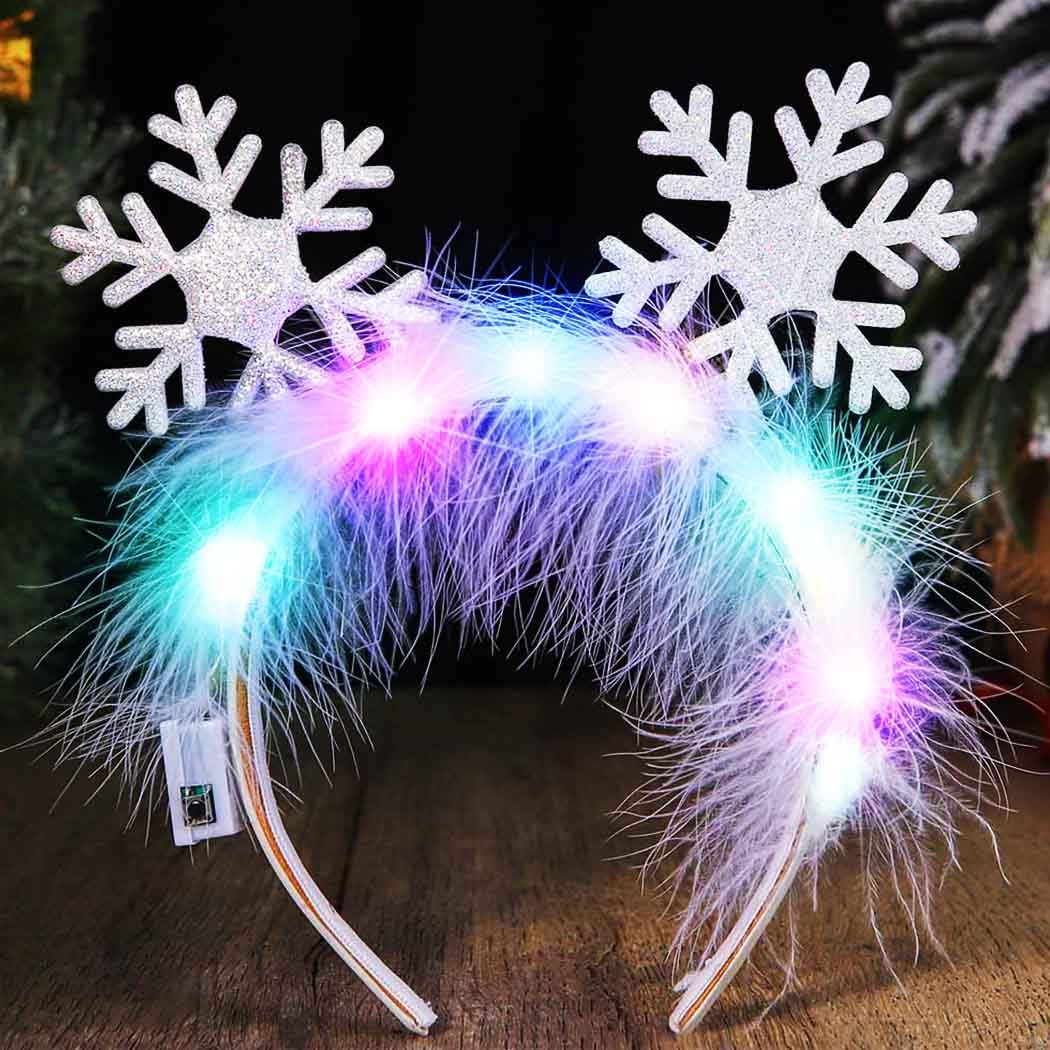 Reaky Light Up Christmas Headband Silver Snowflake Headbands Xmas Feather Hairband Hair Accessories for Women