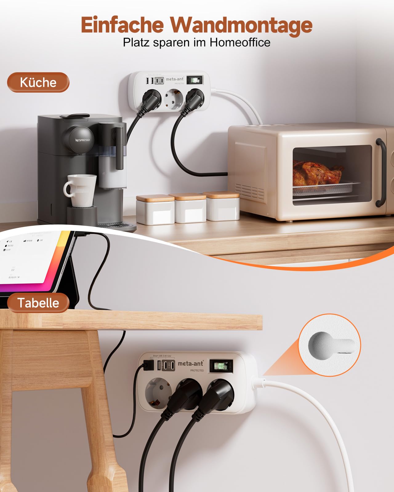 Steckdosenleiste mit USB 3.4A 17W, 3 Fach steckdosenleiste mit überspannungsschutz 4000W, Socket with 4 USB (2 USB-C), 1.5m, Steckdosenleiste Wandmontage für Heim Büro, Weiß 5