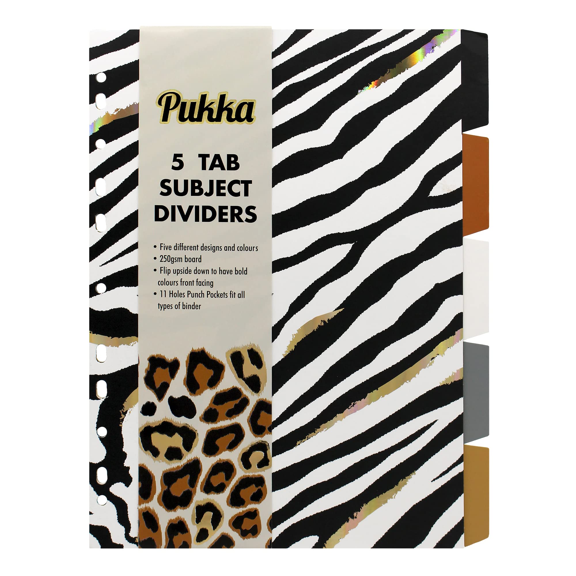 Pukka Pad, Wild A4 5-Part Divider, Set of 5 – 5 Reversible Subject Dividers with Animal Prints and Bold Colours on Reverse – 11-Hole Punch Design on 250GSM Board
