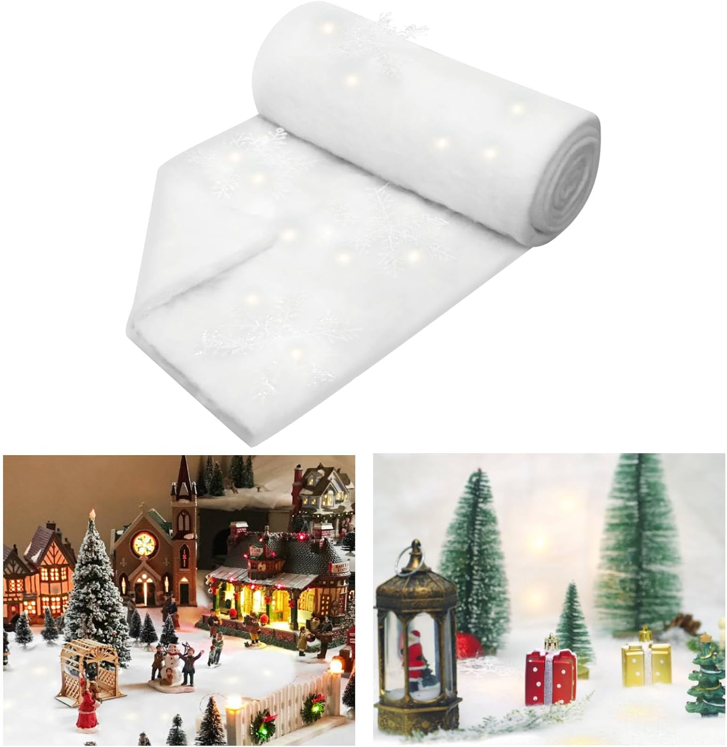 Artificial Snow - Ozera Kitchen Christmas Snow Blanket, 31.5in x 7.9Ft Fake Snow Blanket Thickened Artificial Snow Blanket Roll for Christmas Villages Decoration Photo Prop with 9 Fake Snowflakes and 2 String Lights