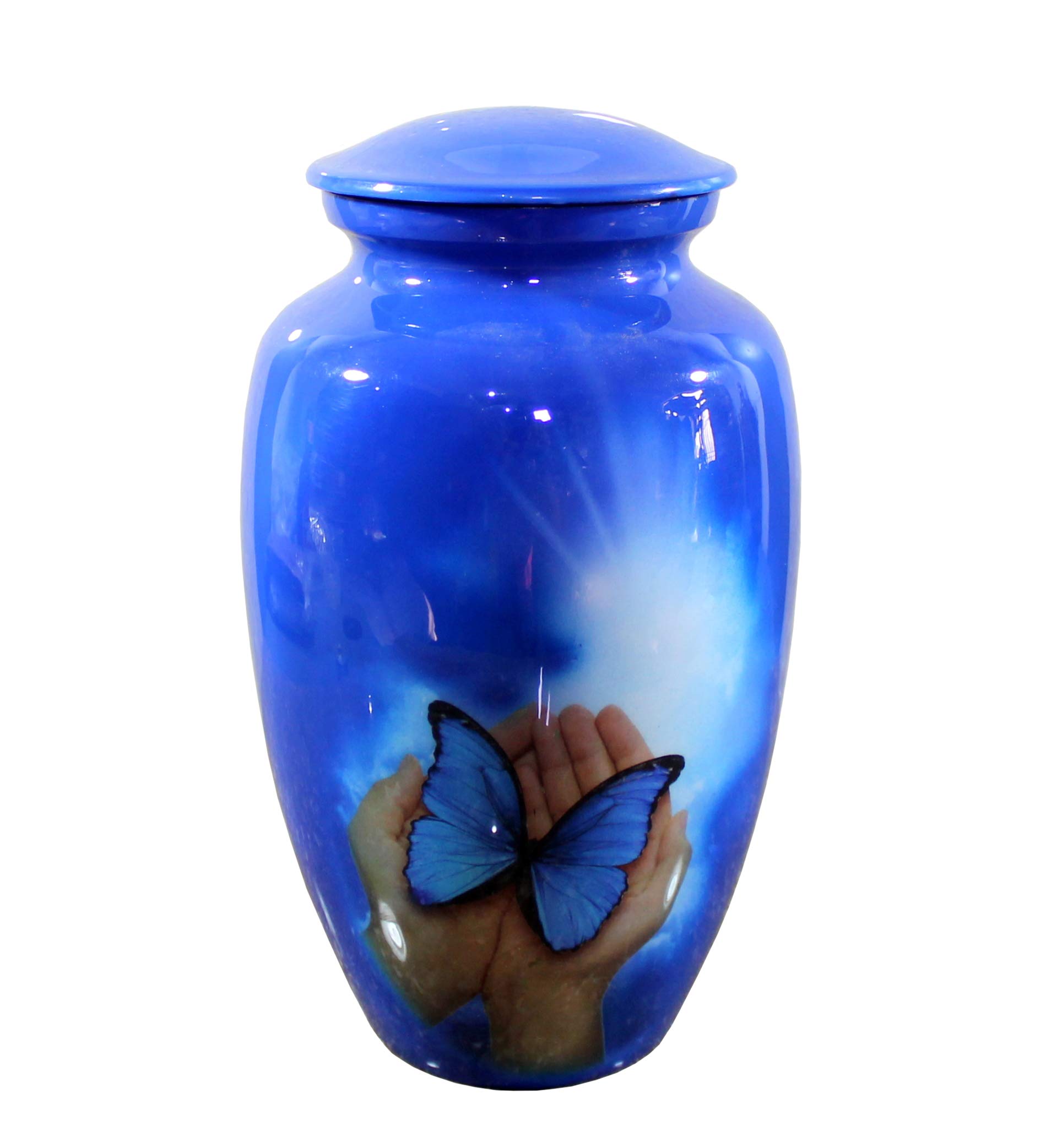 eSplanade Cremation Urn Memorial Container Jar Pot | Full Size Standard Urns | Metal Urns | Burial Urns - Blue Butterfly in Hands