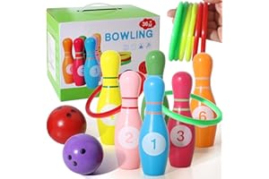 SHIERDU Wooden Kids Bowling Set - with 6 Bowling Pins & 2 Balls & 6 Ferrule - Educational Early Development Indoor & Outdoor Games Set - for Toddlers & Infants Boys & Girls Ages 3,4,5-12 Years Old