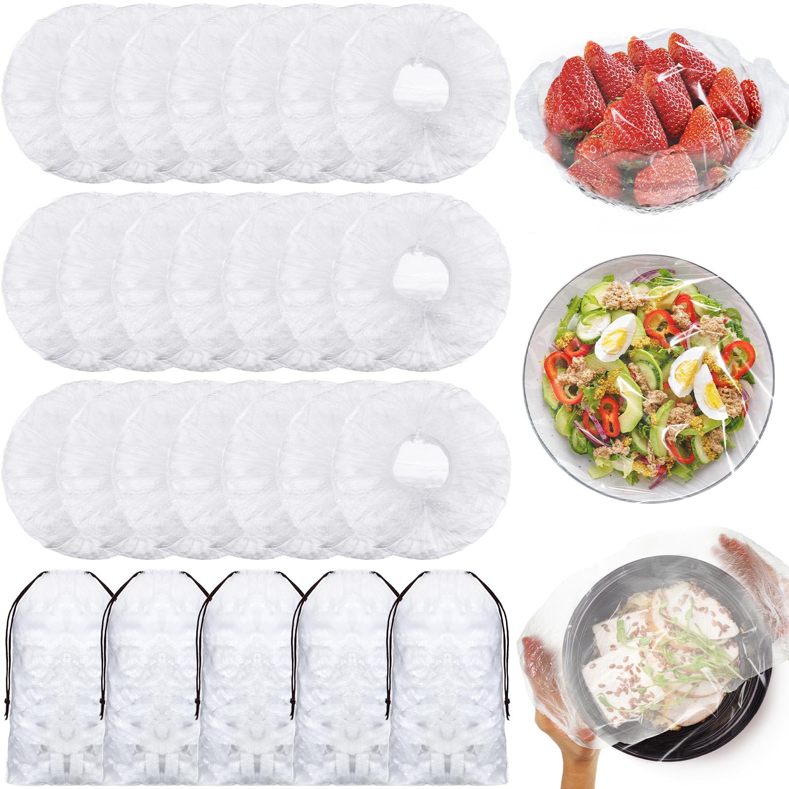 View 1 of Fumete 500 Pcs Reusable Elastic Food Storage Covers & 5 Pcs Drawstring Bags - Clear, White, PE Material, Round, Stretchable, Microwave Safe, For Bowls, Cooking