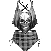 ROSE GAL Rosegal Women Plus Size Gothic Tankini Swimsuit Skull Print Crisscross Flounce Two Piece Bathing Suit